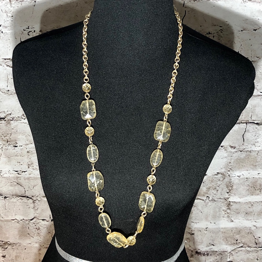 Long Gold tone Necklace with Clear/Yellow Color